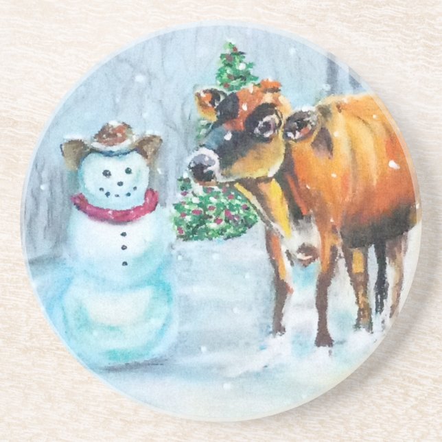 Western Cowboy Snowman Christmas Coaster (Front)
