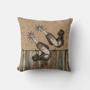 Western Cowboy Spurs  Burlap Barn wood Barbed Wire Cushion