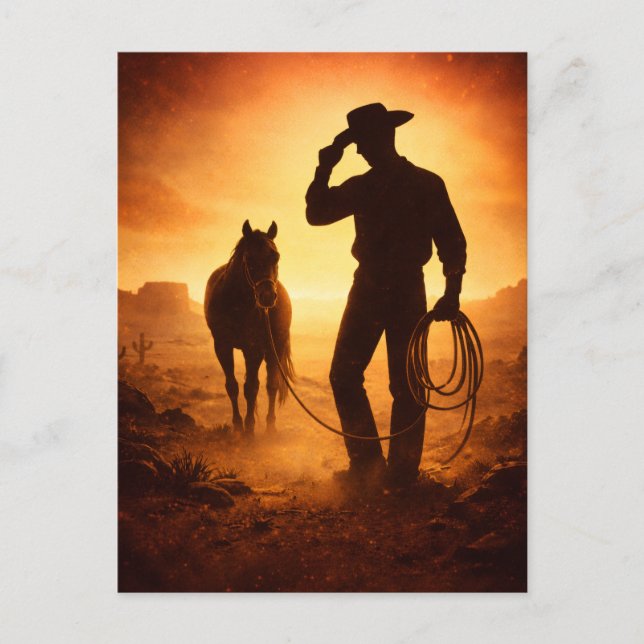 Western Cowboy Sunset Postcard (Front)