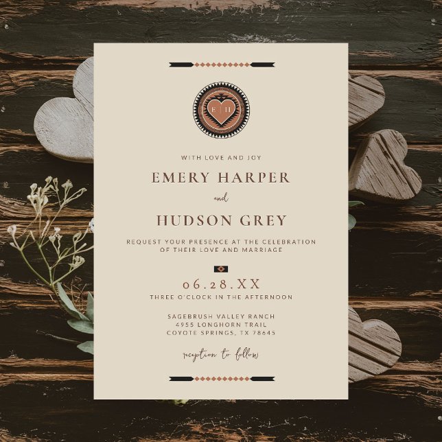 Western Cowboy Sweethearts Geometric Wedding Invitation (western wedding invitation cowboy southwest desert native tribal geometric brown earthy beige sandy)
