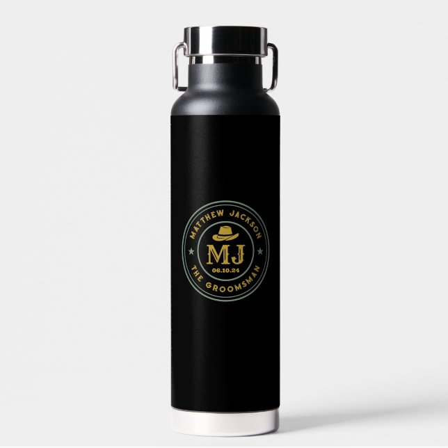 Western Cowboy Vintage Gold Monogram Groomsmen Water Bottle (Front)