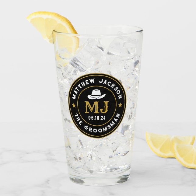 Western Cowboy Vintage Logo Personalised Groomsmen Glass (Front Ice)