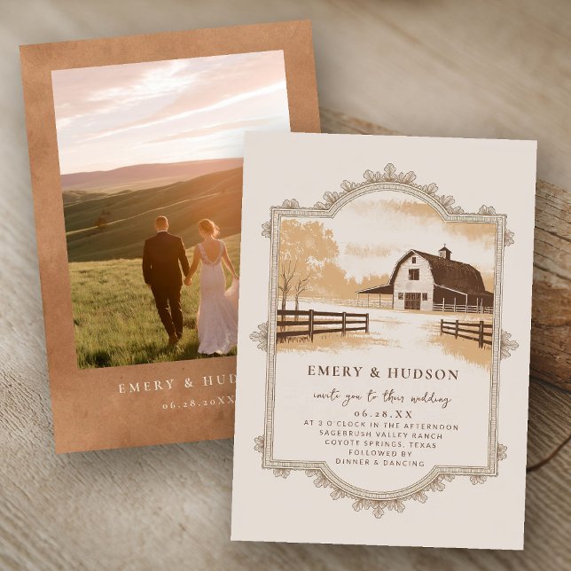 Western Cowboy Vintage Ranch Barn Wedding Photo Invitation (western wedding invitation cowboy ranch barn outdoor burnt orange terracotta vintage fall photo)