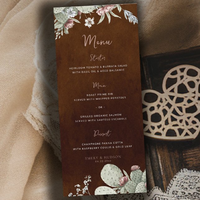 Western Cowboy Vintage Southwest Floral Wedding Menu (western wedding theme southwestern botanical cactus floral art dark terracotta menu)