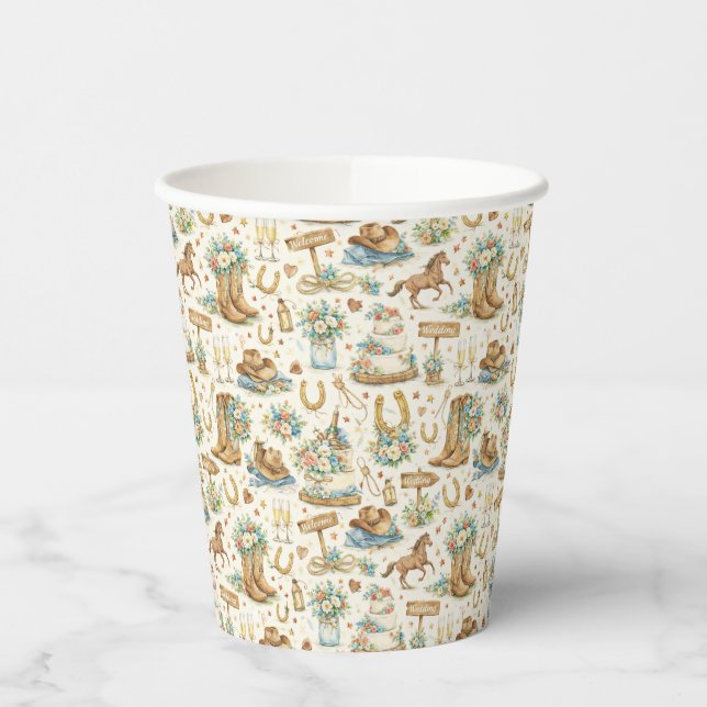 Western Cowboy Wedding Watercolor Pattern Paper Cups (Left)