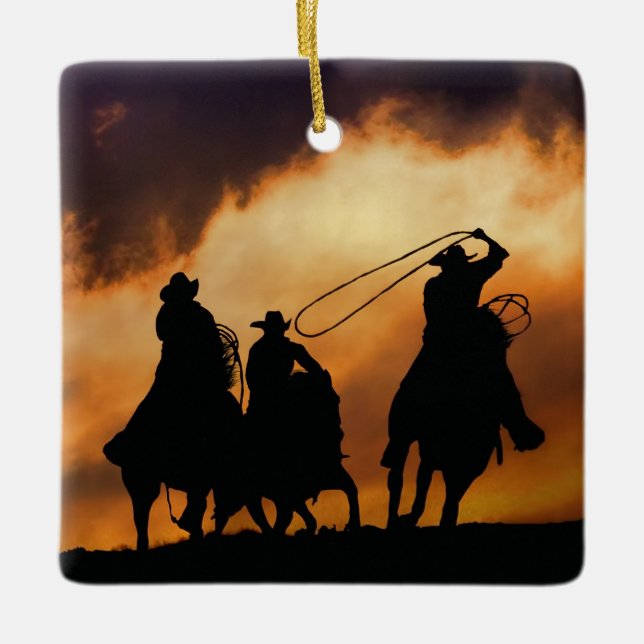 Western Cowboys Roping Ceramic Ornament (Front)