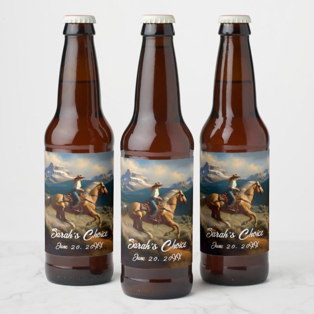 Western Cowgirl and Palomino Horse Wedding Beer Bottle Label (Bottles)