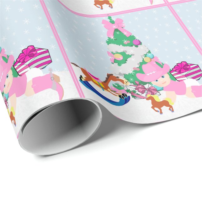 Western Cowgirl Baby Christmas Tree Scene Wrapping Paper (Roll Corner)