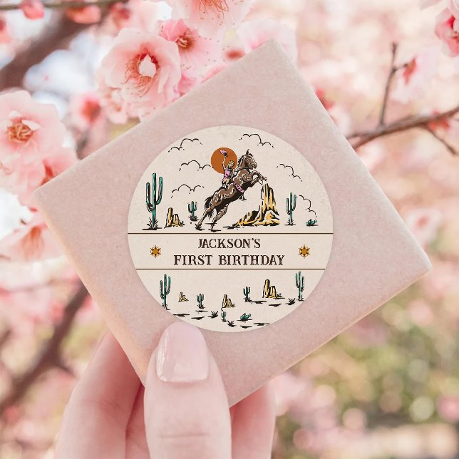 Western Cowgirl Birthday Party Classic Round Sticker (Creator Uploaded)