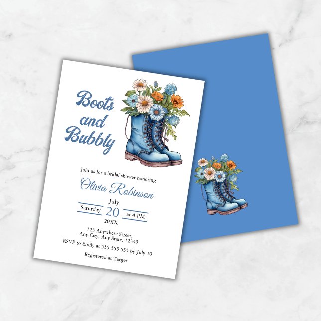 Western Cowgirl Blue Boots & Bubbly Bridal Shower  Invitation (Western Cowgirl Blue Boots & Bubbly Bridal Shower Invitation )