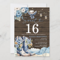 Western Cowgirl Blue Floral Wood Sweet 16 Birthday