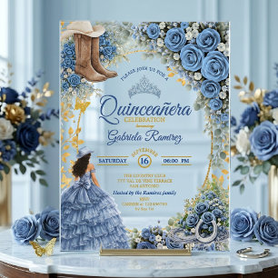 Western Cowgirl Blue Roses Golden Quinceañera Acrylic Invitations
