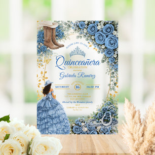 Western Cowgirl Blue Roses Golden Quinceañera Acrylic Invitations