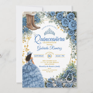 Western Cowgirl Blue Roses Golden Quinceañera Invitation