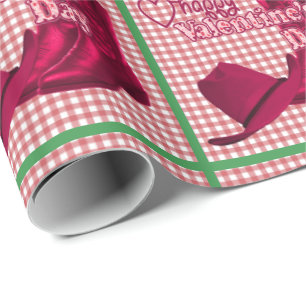 Western Cowgirl Boots and Hat Valentines On Check Wrapping Paper