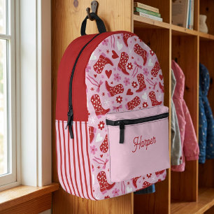 Western Cowgirl Boots & Hearts Retro Pink and Red Printed Backpack