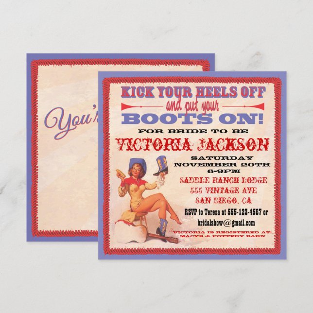 Western Cowgirl Bridal Shower Party Invitations (Front/Back)