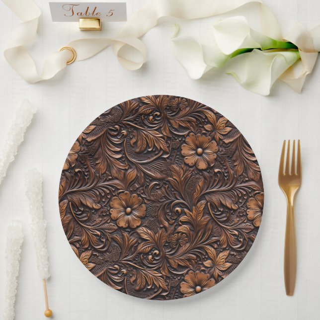 Western Cowgirl Brown Flowers Paper Plate (Wedding)