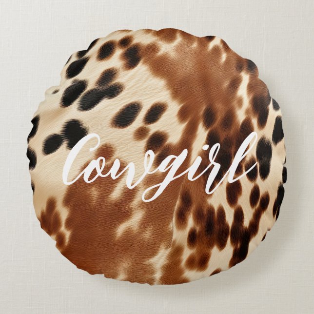 Western Cowgirl Brown White Cowhide  Round Cushion (Front)