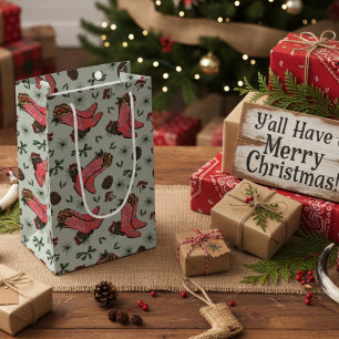 Western Cowgirl Christmas Pink and Green Small Gift Bag