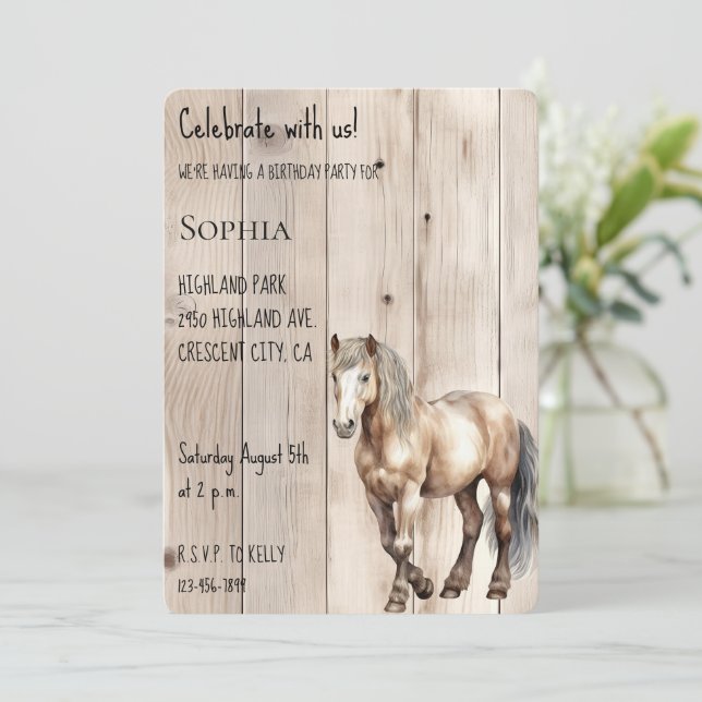 Western Cowgirl Cowboy Horse Faux Wood Birthday Invitation (Standing Front)