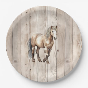 Western Cowgirl Cowboy Horse Faux Wood Paper Plate