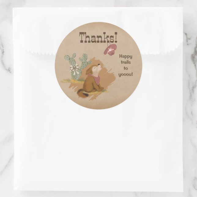 Western Cowgirl Coyote Happy Trails Thank You Classic Round Sticker (Bag)