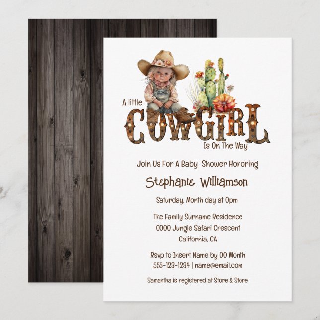 Western cowgirl desert cactus girls baby shower invitation (Front/Back)