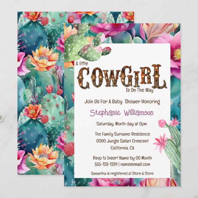 Western cowgirl desert cactus girls colourful chic invitation (Front/Back)