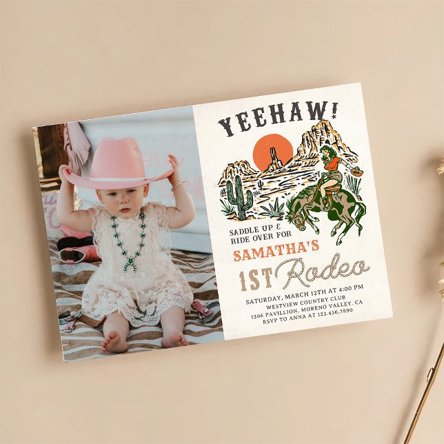 Western Cowgirl First Rodeo 1st Birthday Photo Invitation (Creator Uploaded)