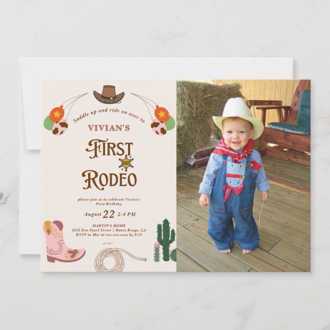 Western Cowgirl First Rodeo Photo Birthday Invitation (Front)