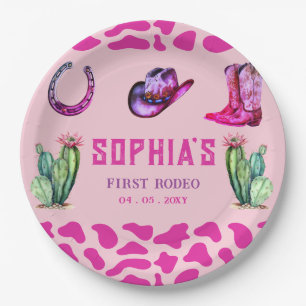 Western Cowgirl First Rodeo Pink Girls Birthday Paper Plate