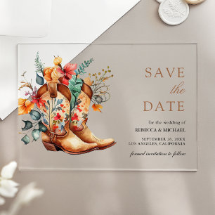 Western Cowgirl Floral Boots Wedding Save the Date Acrylic Invitations