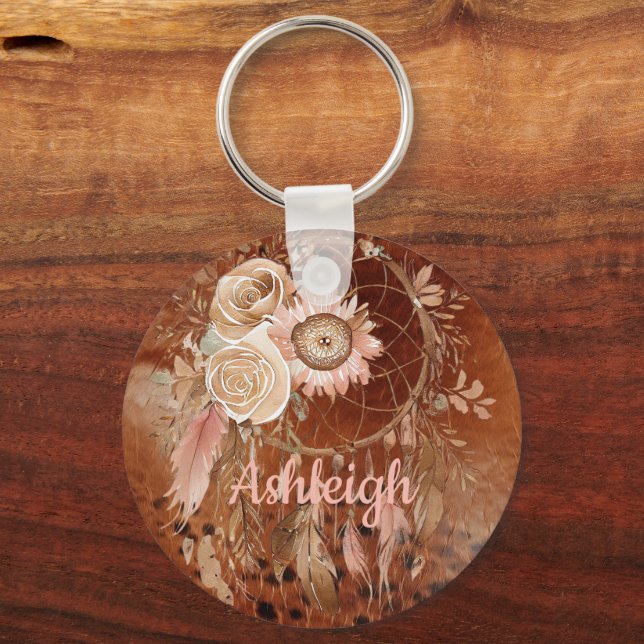 Western Cowgirl Floral Dream Catcher  Birthday Key Ring (Front)