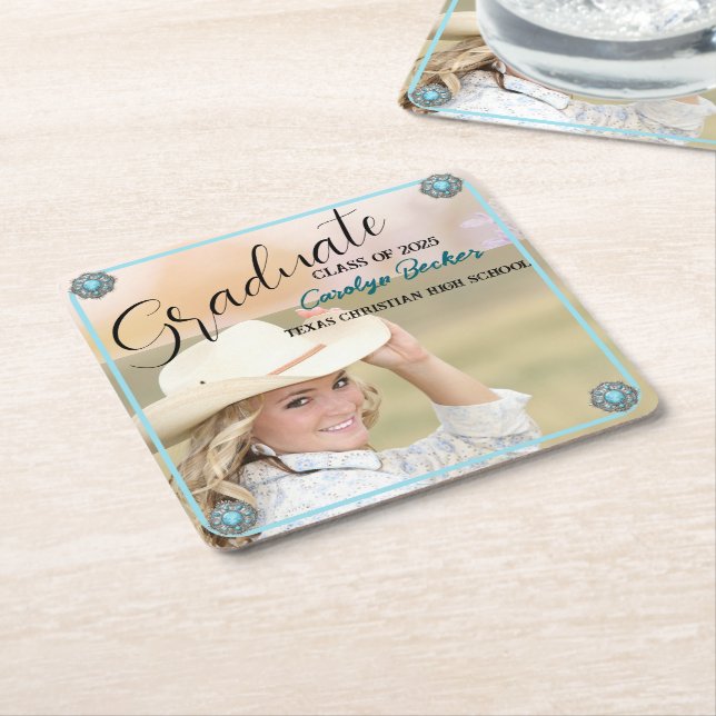 Western Cowgirl Graduation Photo Paper Coaster (Angled)
