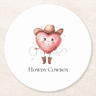 Western Cowgirl Heart with Cowboy Hat Birthday Round Paper Coaster