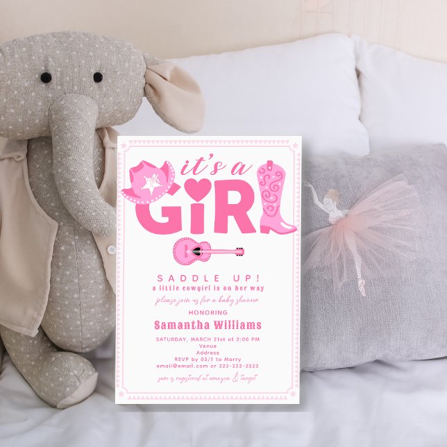 Western Cowgirl It's a Girl Pink Plaid Baby Shower Invitation (Western Cowgirl It's a Girl Pink Gingham Plaid Pink Cute Cowboy Boots and Hat Baby Shower Invitation)