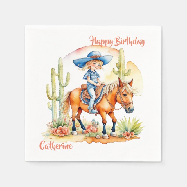 Western Cowgirl on Horse Personalised Birthday Napkin (Front)