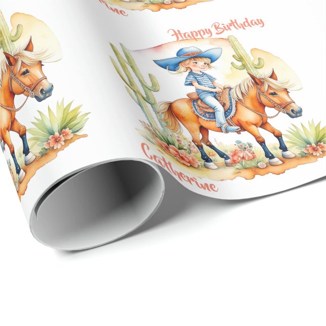 Western Cowgirl on Horse Personalised Birthday Wrapping Paper (Roll Corner)