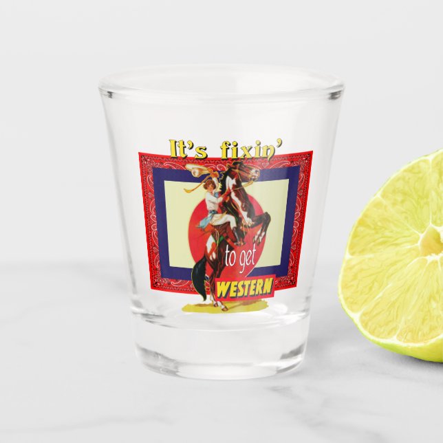 Western Cowgirl On Rearing Horse Get Western Shot Glass (Front)