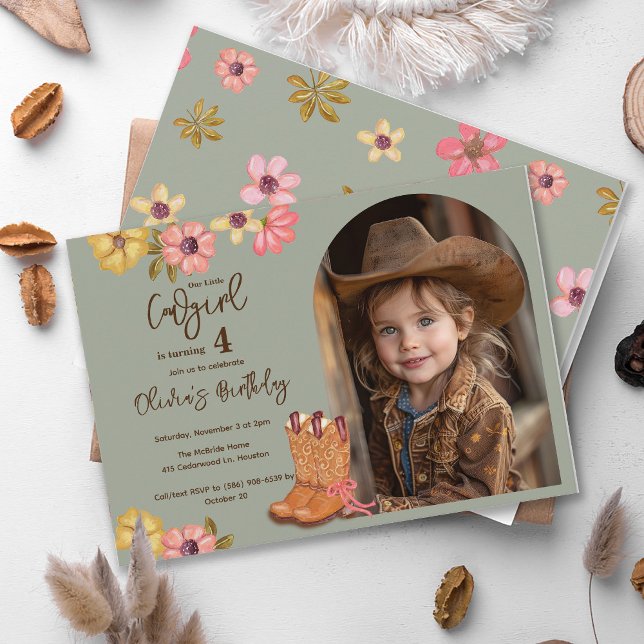Western Cowgirl Photo Flowers Boots Birthday Invitation (Creator Uploaded)