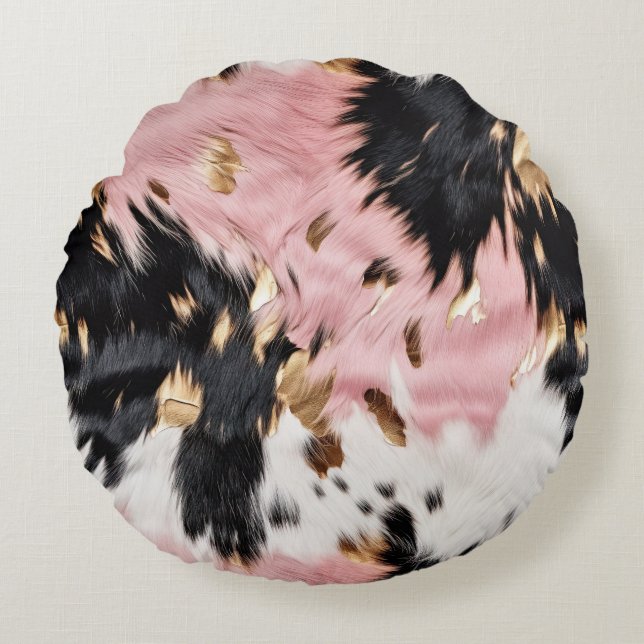 Western Cowgirl Pink Black White Gold Abstract Round Cushion (Front)