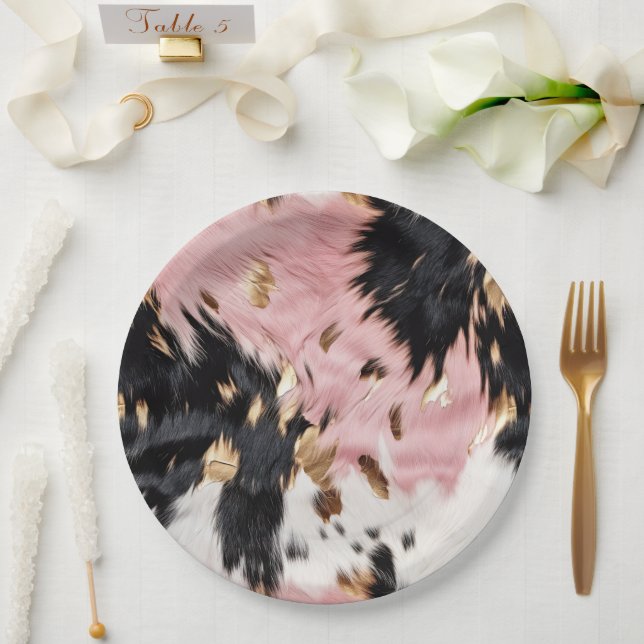Western Cowgirl Pink Black White Gold Cowhide Paper Plate (Wedding)