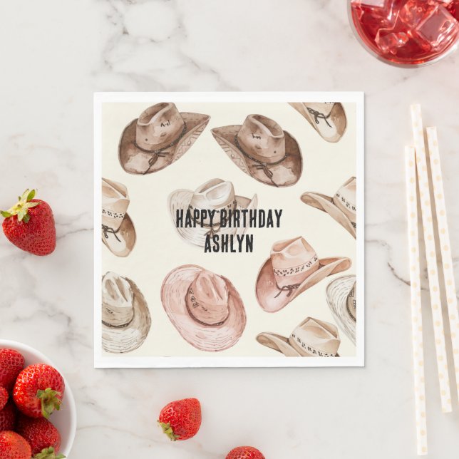 Western Cowgirl Pink Brown Hats Birthday Napkin (Insitu)