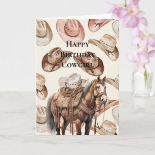 Western Cowgirl Pink Cream Hats Horse Birthday Card