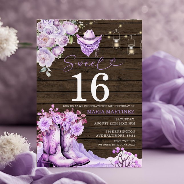 Western Cowgirl Purple Wood Sweet 16 Birthday Invitation (Creator Uploaded)