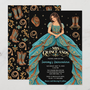 Western Cowgirl Quinceañera Turquoise Gold Invitation