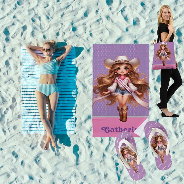 Western Cowgirl Rodeo Princess 1 Personalised Beach Towel (Rodeo Princess Collection great gifts for summer time fun. beach towel, tote bag, flip flops etc)