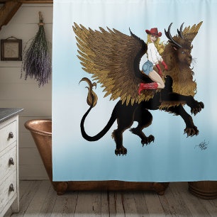 Western Cowgirl Winged Lion Griffon Fantasy Red Shower Curtain