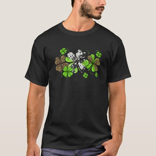 Western Cowhide Leopard Shamrocks St. Patrick's Da T-Shirt (Front)
